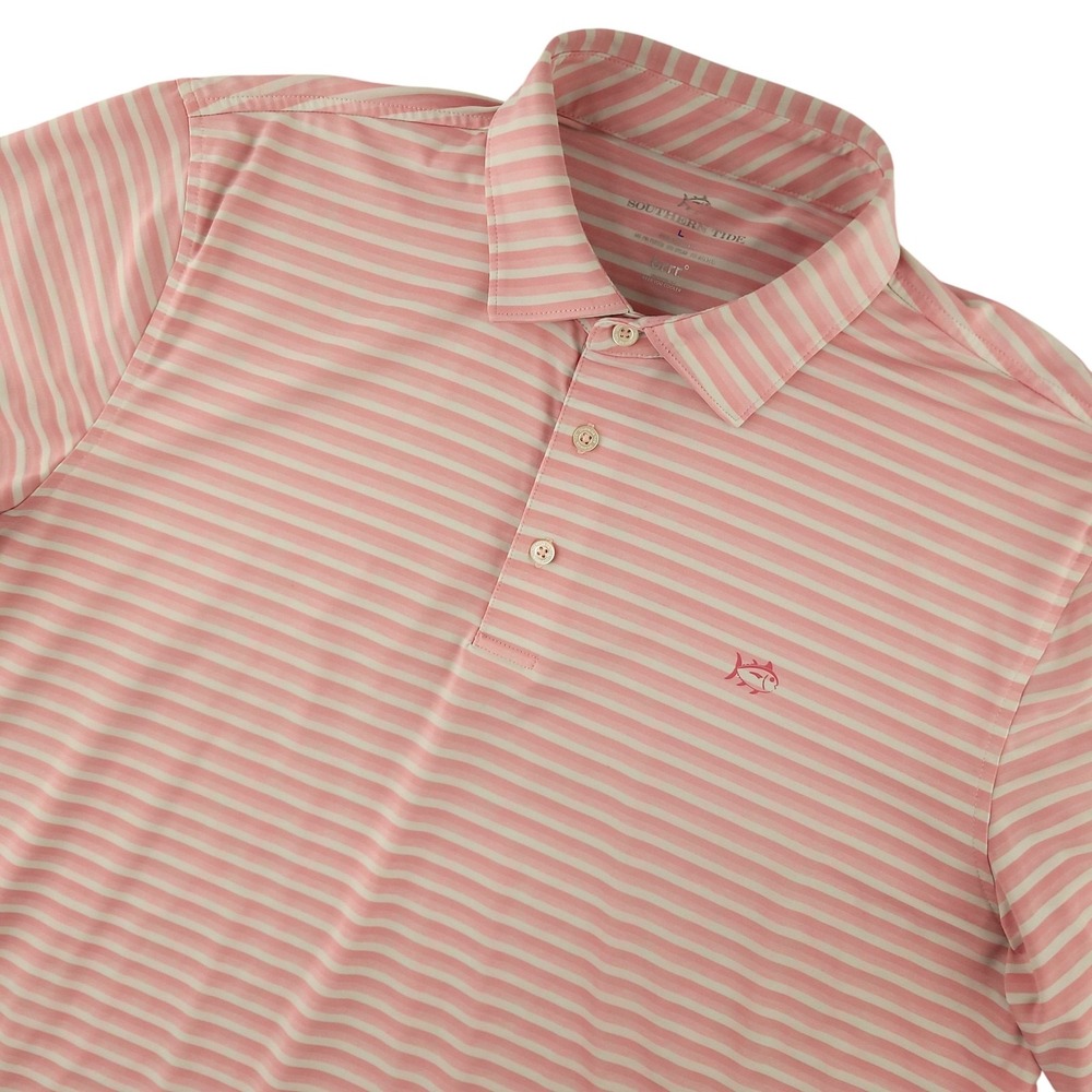 Southern Tide Polo Shirt Mens L Pink Stripe Golf Brrr Performance Stretch Top